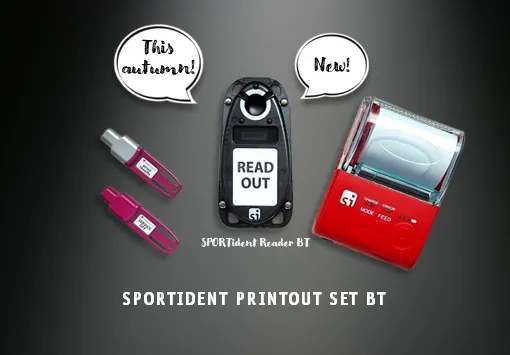 SPORTident's announcement graphic for the Printout Set BT, showing two SPORTident cards, the Reader BT marked READ OUT, and the red Printer 2.